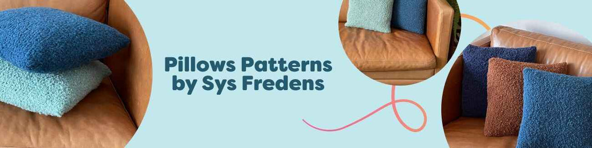 Stack of knitted and crocheted pillow covers by Sys Fredens from Hobbii, featuring garter stitch, cross patterns, and textured motifs in cozy yarns.