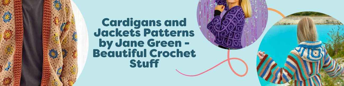 Five crocheted cardigans and light jackets by Jane Green—Floral Fusion (men’s), Sparkling Daisy, Coastal Breeze, Azulejo, and Pearly Elegance—styled on mannequins in mixed textures and colors, made with Hobbii yarn.