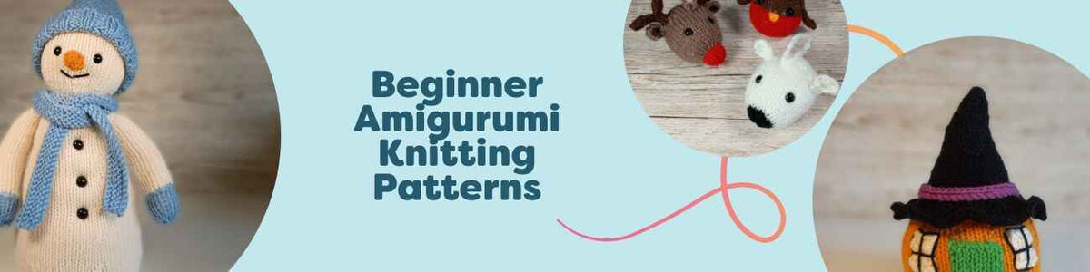Beginner-friendly knitted amigurumi toys made with soft Hobbii yarns: snowman, reindeer ornaments, pumpkin house, elves, and a sheep arranged together.