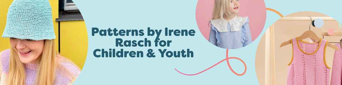 Kids and youth wearing Irene Rasch designs—a bucket hat, collar, top, skirt, and scarf—from Hobbii’s children’s pattern collection.