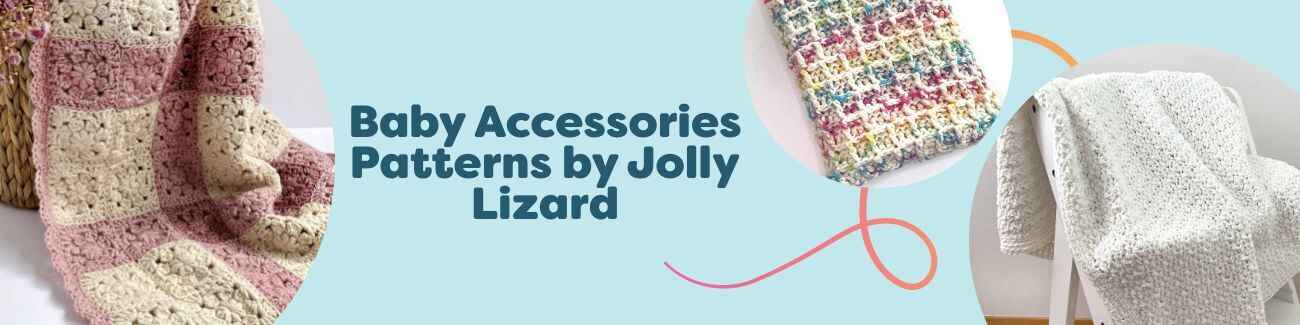 Baby accessories crochet pattern collection by Jolly Lizard at Hobbii, featuring four modern baby blanket designs.