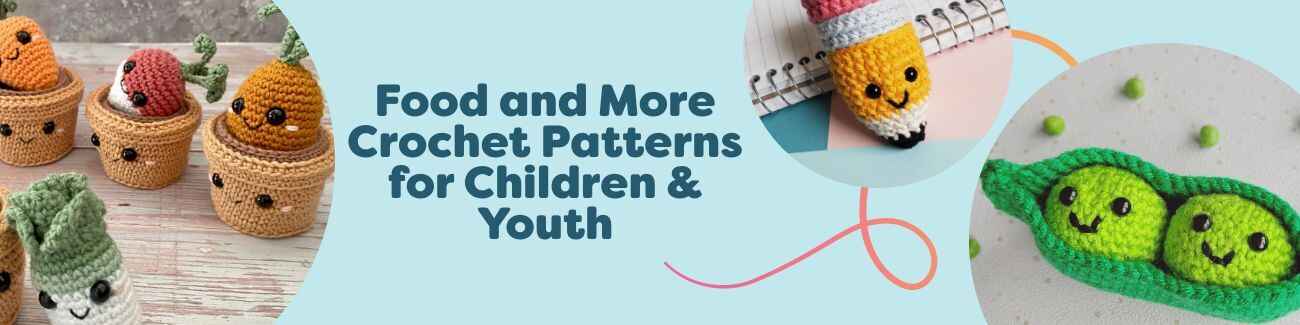 Assortment of playful crochet food and toy makes—peas in a pod, eggs on toast, candy, a pencil plush, and potted plants—crafted with Hobbii yarn for children and youth.