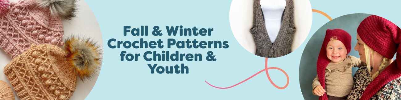 Children and youth wearing fall and winter crochet makes—beanies, pom‑pom hats, headbands, scarves, and a pocket shawl—stitched in cozy yarns.