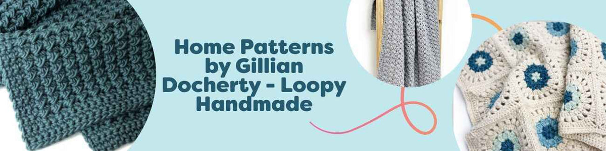 A curated selection of home crochet patterns by Gillian Docherty (Loopy Handmade) featuring blankets, throws, and coasters styled with Hobbii yarn.