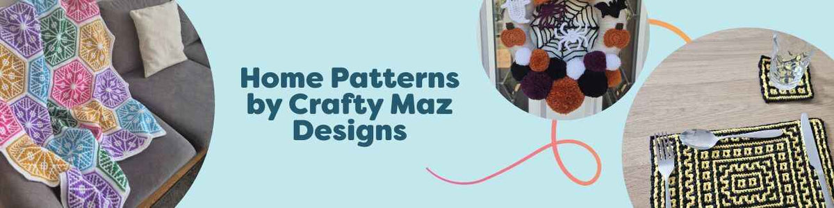 Collage of five free home crochet patterns by Crafty Maz Designs—two blankets, a mini mandala rug, a spooky hoop wreath, and a mosaic coaster/placemat set—available from Hobbii.