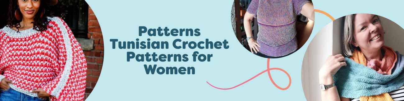 Collage of women's Tunisian crochet projects—poncho, cardigan, shawl, T-shirt and scarf—made with Hobbii yarns.