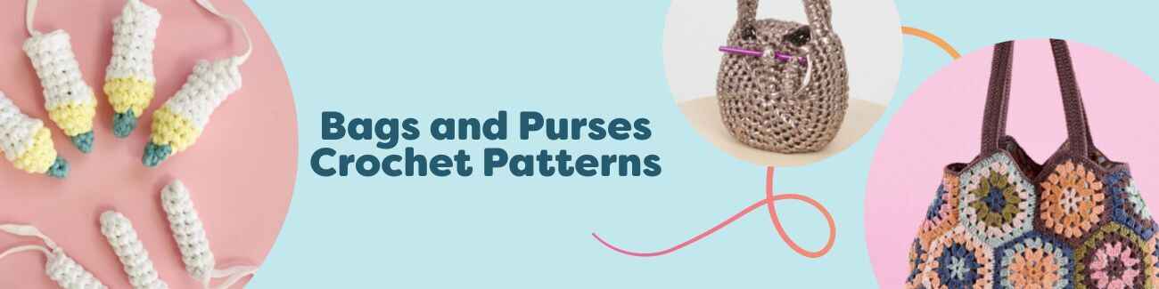 Crocheted bags and purses in various styles and colors on a neutral background—market totes, boho crossbody, and clutches—free patterns by Hobbii.