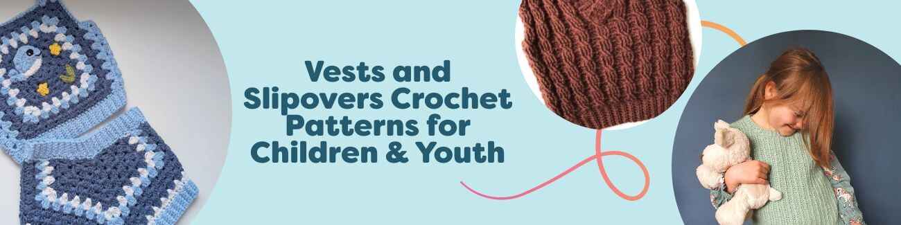 Assorted children's crochet vests and slipovers in bright colors, sized toddler to youth, styled flat with soft cotton yarn and hooks.