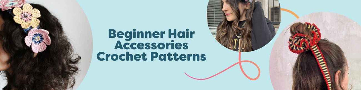 Flat lay of beginner crochet hair accessories—headbands, flower crowns, and scrunchies—crocheted with Hobbii yarn in soft pastel and neutral tones.