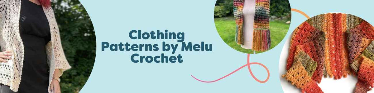 Collection image of Melu Crochet clothing patterns at Hobbii, showing textured cardigans and airy scarves in soft yarn tones displayed on mannequins.