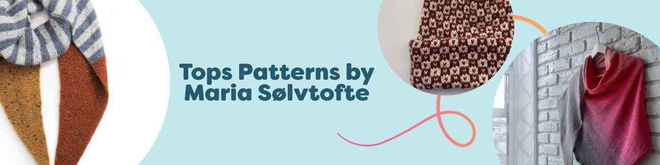 Flat lay of free knit and crochet tops by Maria Sølvtofte with finished tees and Hobbii yarn skeins in coordinating colors