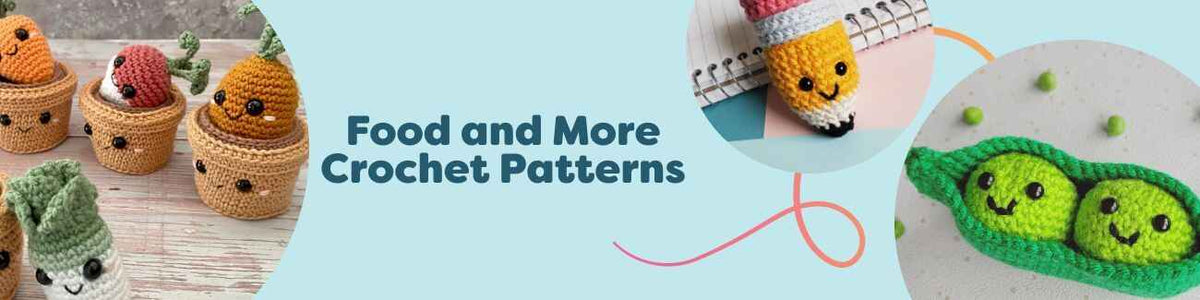 Food and More crochet patterns: amigurumi eggs on toast, bread, peas in a pod, plants in pots, and a pencil, styled with Hobbii yarn.