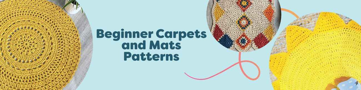 Beginner crochet carpets and mats styled at home—Loopy floor rug, Step Into Sunshine doormat, and a soft nursery rug made with colorful Hobbii yarns.