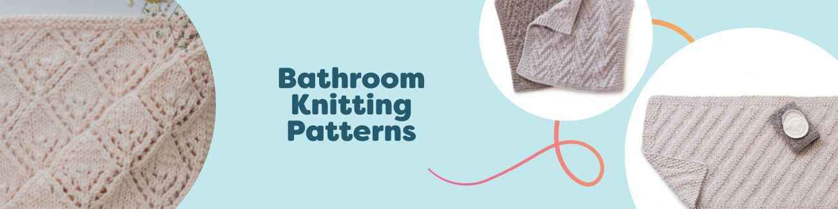 Bathroom knitting patterns featuring hand towels, washcloths, a bath mat, dishcloths, and a storage basket knit with Hobbii cotton yarns.