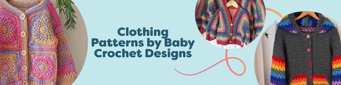 Clothing Patterns by Baby Crochet Designs at Hobbii: kid-size cardigans, hexagon cardigans, hoodies, overalls, and dresses shown as PDF pattern covers.