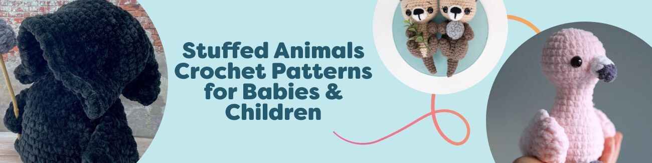 Assorted amigurumi stuffed animals in soft yarn: otter friends, flamingo, hedgehog; ideal for babies and children.