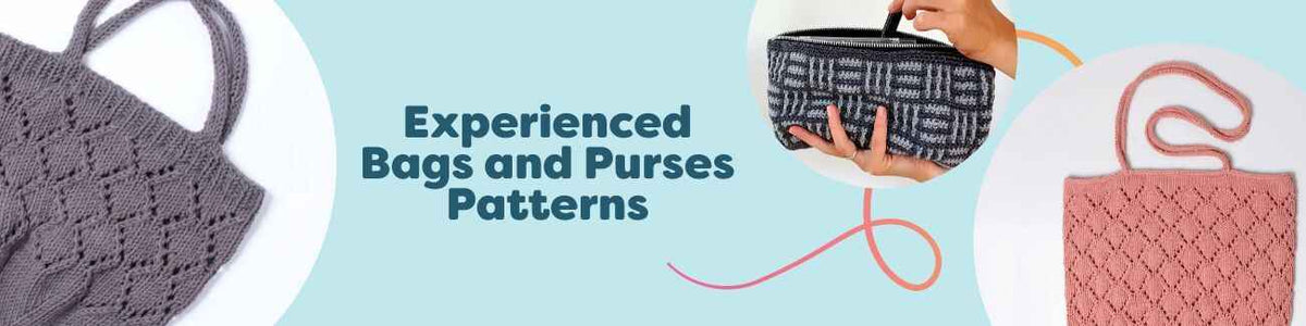 Collection of intermediate crochet bag and purse patterns: beach totes, makeup pouch, and textured star-stitch designs by Hobbii.