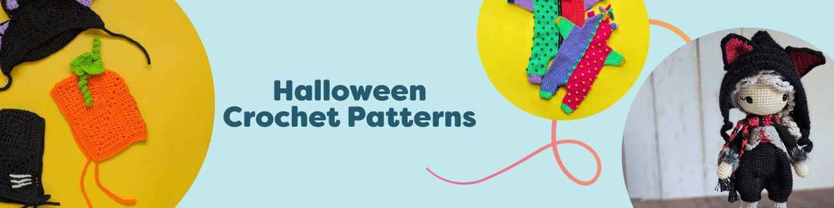 Collage of free Halloween crochet patterns from Hobbii: Boo the Bat amigurumi, Mummy Bear, wolf girl doll, baby bonnets, and a monster romper in orange, black, and purple yarns.