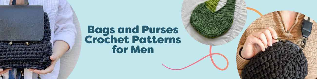 Men's crochet bags in neutral tones: backpack, tote, crossbody belt bag, and duffel, styled for everyday carry; free patterns from Hobbii.