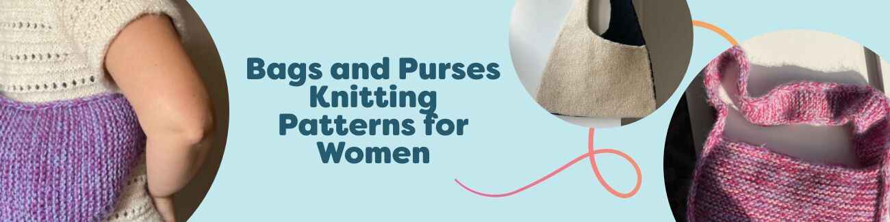 Women’s hand-knit bags and purses—totes, boxy styles, and project bags—made with Hobbii yarns, shown in varied colors and textures.