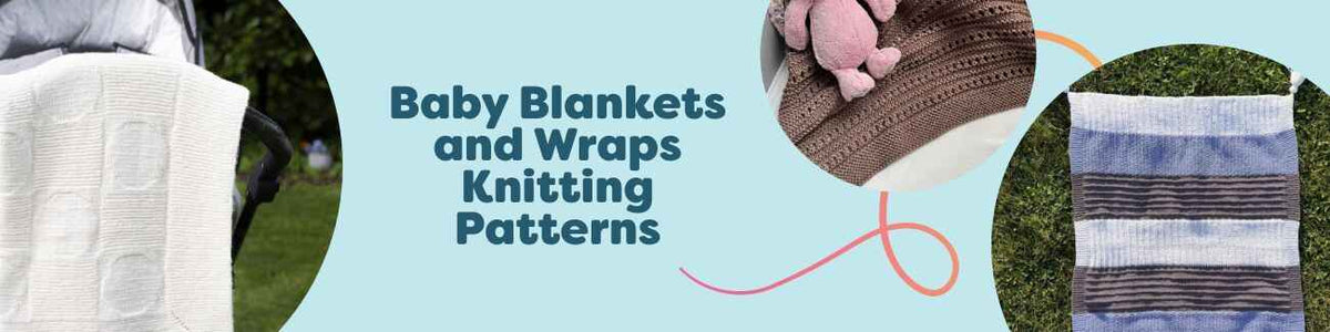 Selection of hand-knit baby blankets and wraps in soft pastels, folded with visible textures and simple motifs beside yarn balls and needles.