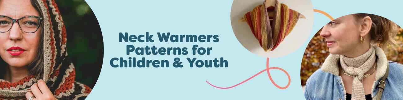 Children & youth neck warmer patterns—snoods, cowls, mini scarves, and hoods in knit and crochet—made with soft, colorful Hobbii yarns.