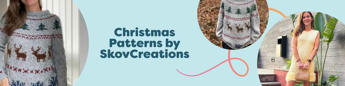 Christmas Patterns by SkovCreations from Hobbii: festive knitting and intermediate crochet patterns, including Holly Pines sweaters styled in holiday colors.