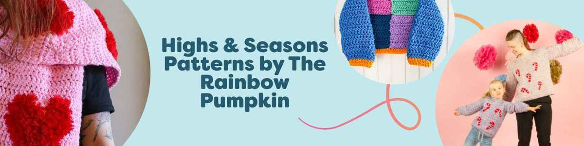 Collage of intermediate crochet patterns by The Rainbow Pumpkin featuring a scarf, sweaters, and a bucket hat in seasonal colors, available from Hobbii.
