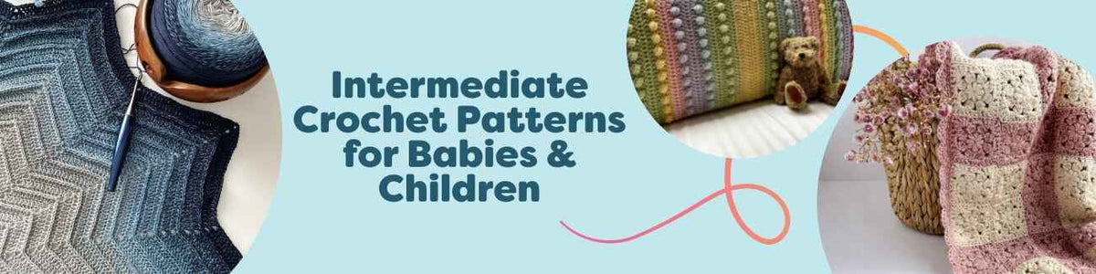 Selection of intermediate crochet patterns for babies and children: baby blankets, kids cardigans, and colorful designs, by Hobbii.