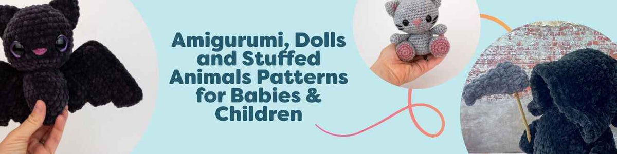 Amigurumi, doll and stuffed animal crochet patterns for babies and children from Hobbii, featuring cute kittens, bats, whale sharks and otter friends.