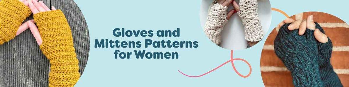 Assorted women's knit and crochet fingerless gloves, mittens, and wrist warmers from Hobbii, shown in cozy yarns on a neutral background.