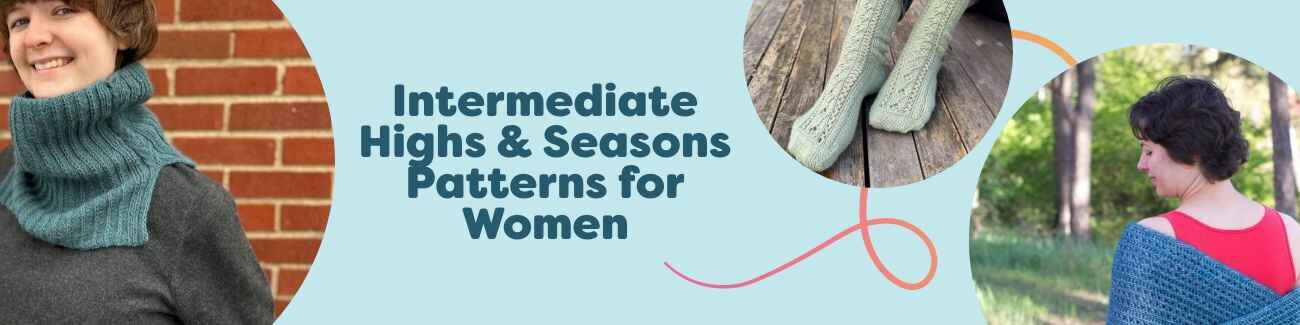 Collage of free intermediate women’s crochet and knitting patterns—cowl, socks, wrap, mittens, headband, balaclava—in cozy seasonal yarns by Hobbii.