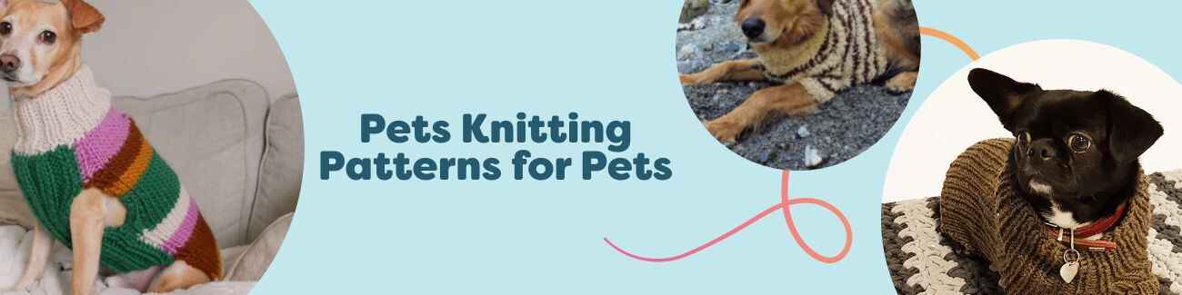 Selection of Hobbii pet knitting patterns, including dog sweater patterns in various sizes, shown on small and medium dogs.