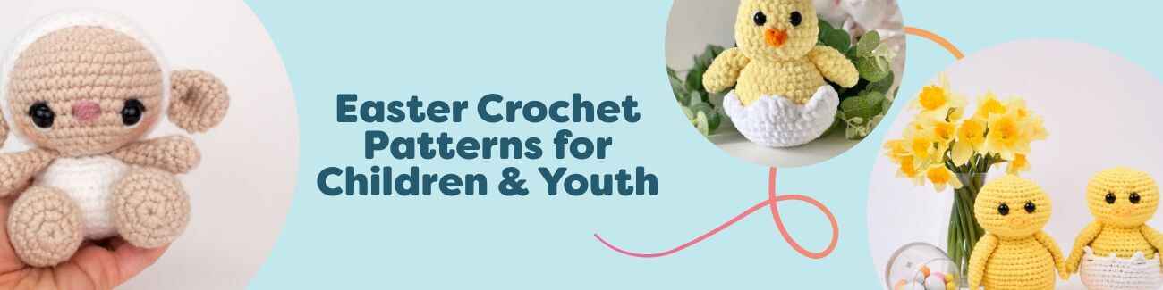 Assorted Easter crochet patterns for children and youth: lamb and chick amigurumi, surprise egg toys, baskets, and spring pastels from Hobbii.