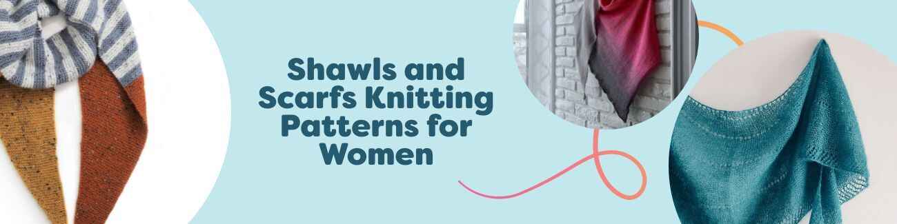 Assortment of women's shawl and scarf knitting patterns by Hobbii in various styles, yarn weights, and colors, shown on models for cozy layering.