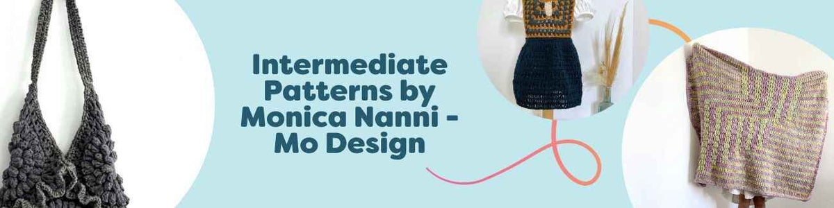 Collage of free intermediate crochet patterns by Monica Nanni (Mo Design) featuring a crossbody bag, handbag, beanie, children’s dress, and blanket.