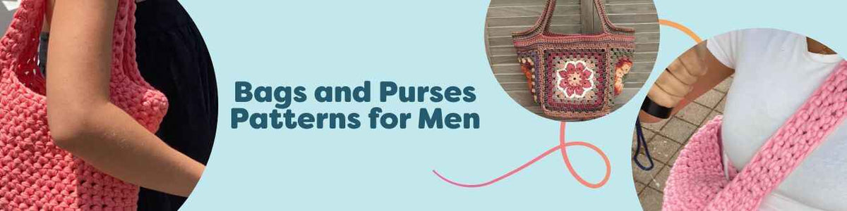 Men’s crochet and knit bag patterns—totes, crossbody, and messenger styles in neutral, textured yarns from Hobbii.