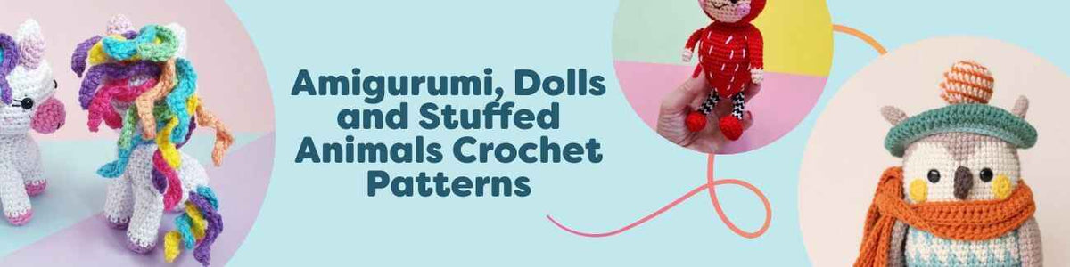 Collage of free amigurumi crochet patterns from Hobbii, featuring a baby unicorn, owl, strawberry plush and bird nest, plus assorted dolls and stuffed animals.