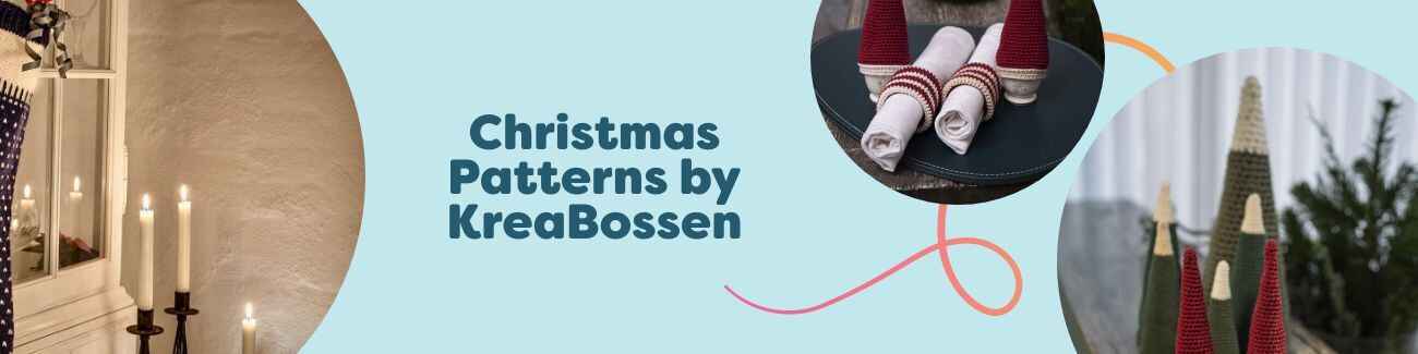 Flat-lay of Christmas knitting and crochet patterns by KreaBossen: stocking, Danish julepynt cones, ornaments, and a gift sack, styled with Hobbii yarn.