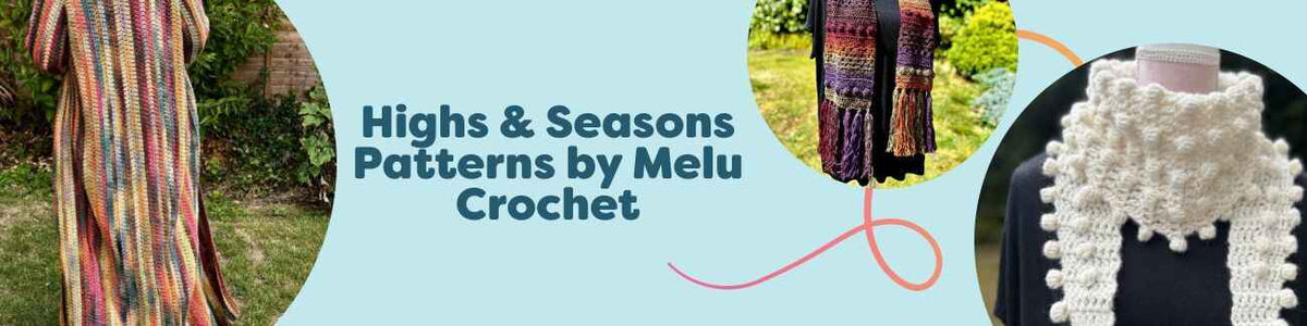 Highs & Seasons by Melu Crochet: cardigan, scarves, and pumpkin decor patterns with Hobbii yarns in cozy autumn and winter tones.
