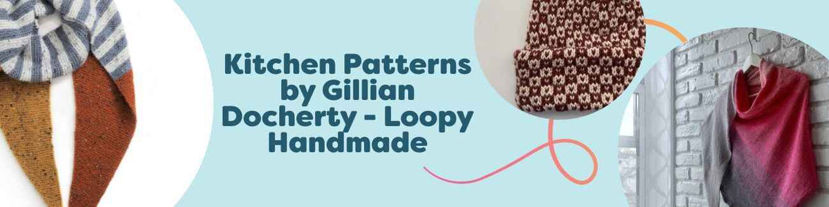 Collage of free kitchen knitting and crochet patterns by Gillian Docherty (Loopy Handmade): dishcloths, potholders, towels, and coasters in soft cotton yarns.