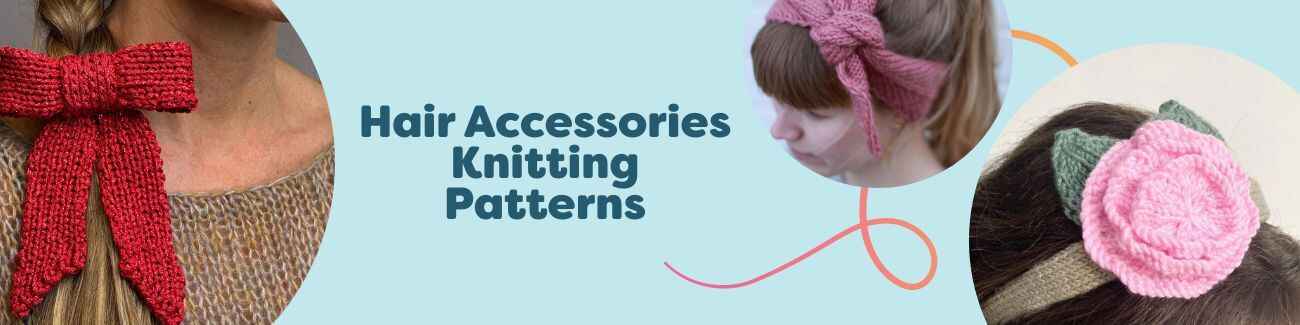 A flat lay of knitted hair accessories—bows, headbands, and scrunchies made with Hobbii yarn from the free pattern collection.
