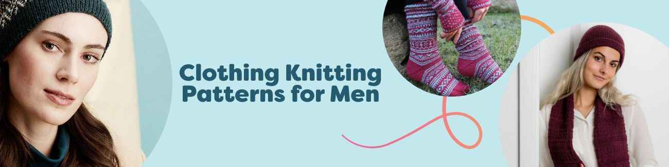 Flat lay of men’s knit projects—beanie, socks, and scarf—representing free clothing knitting patterns from Hobbii in neutral yarns.
