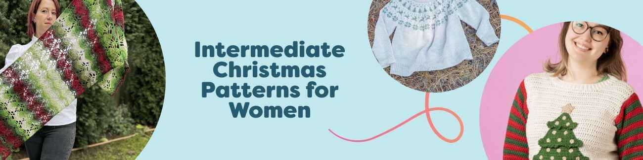 Women's intermediate Christmas knitting and crochet patterns shown on models: festive sweaters, shawls, and accessories in holiday colors by Hobbii.