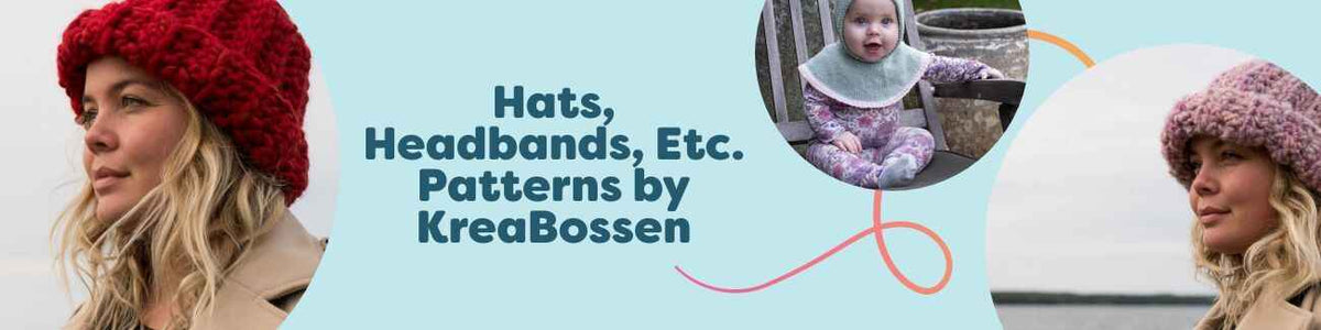 KreaBossen hat, headband, and balaclava knitting and crochet patterns from Hobbii.