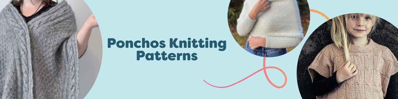 Models wearing hand-knit ponchos in various textures and yarn weights, showcasing Hobbii’s free poncho knitting patterns in different colors and styles.