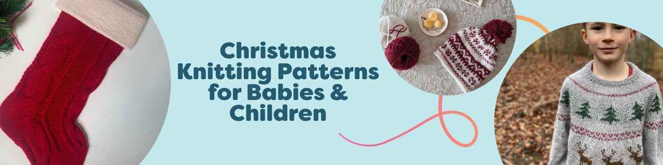 Festive collection image showing baby and kids Christmas knitting patterns from Hobbii—Santa sweaters, slipovers, hats, and a stocking—styled with soft red, white, and green yarn.