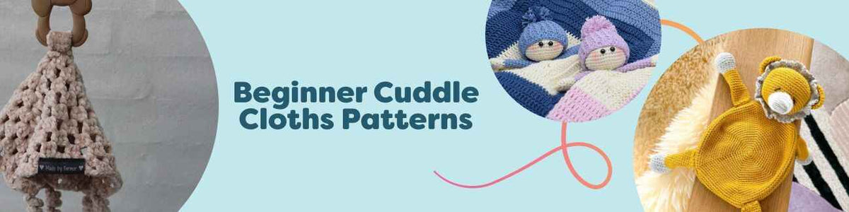 Assorted free beginner cuddle cloth patterns—crochet and knit comforters like Nuzzle, Alfred and William the Lion—styled in soft baby yarns from Hobbii.