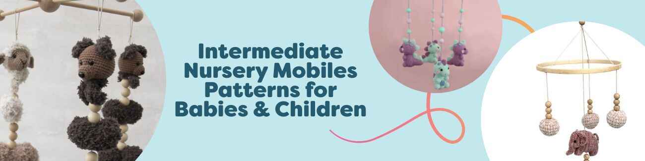 Intermediate nursery mobile crochet patterns from Hobbii featuring dinosaurs, elephants, hearts, and bear motifs for babies and children.