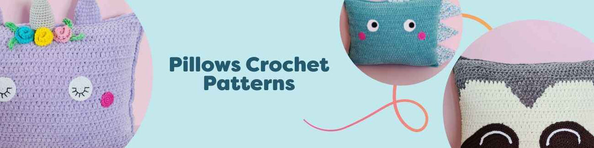 Assorted free crochet pillow patterns from Hobbii: unicorn, dino, sloth, rainbow cloud, and granny square cushion cover displayed on a cozy sofa.